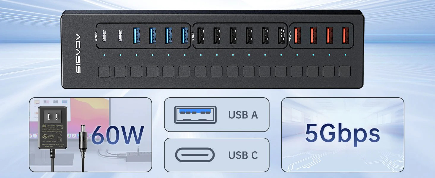 Розумний USB-хаб Acasis DS-516PB на 16 портів USB-C/USB 5 Гбіт/с розгалужувач з живленням від мережі